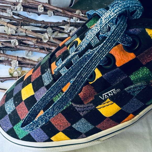 Metallic Checkered Multicolored Vans, women’s size 7.5, with Blue Sparkled Laces - Picture 6 of 13